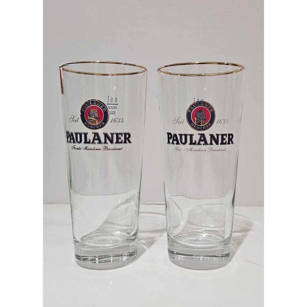 Paulaner Munchen vintage Beer Glasses Set of 2 Gold Rim Rastal Germany Seit 1634